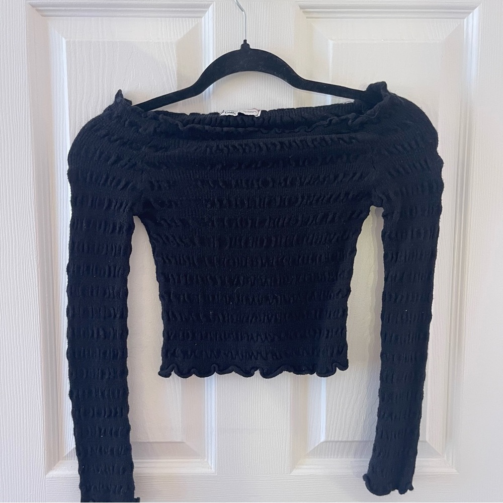 Twik Black Textured Off-Shoulder Crop Top